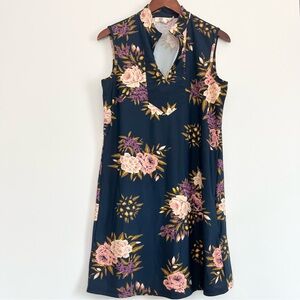 Aryeh by Anthropologie Blue Floral Dress w Neck Cut Out Sleeveless Stretchy S